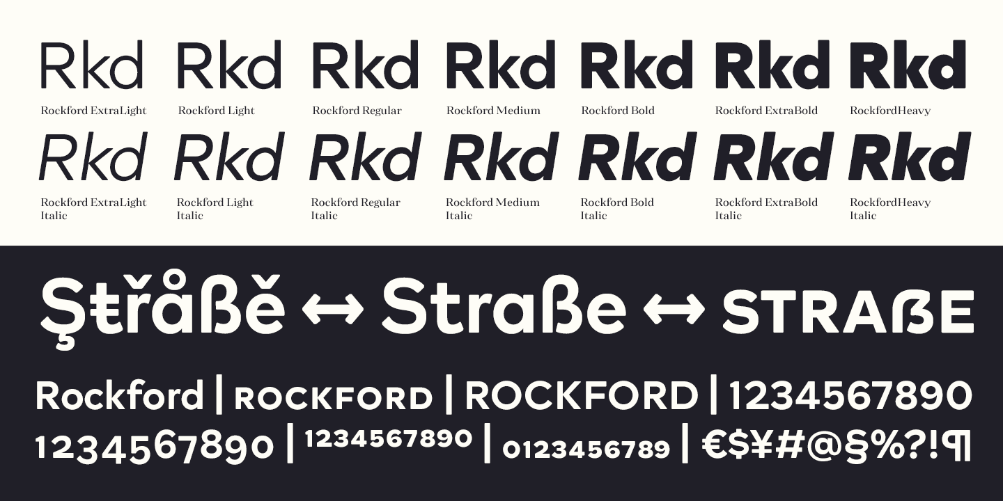 Beispiel einer Rockford Sans Extra light-Schriftart